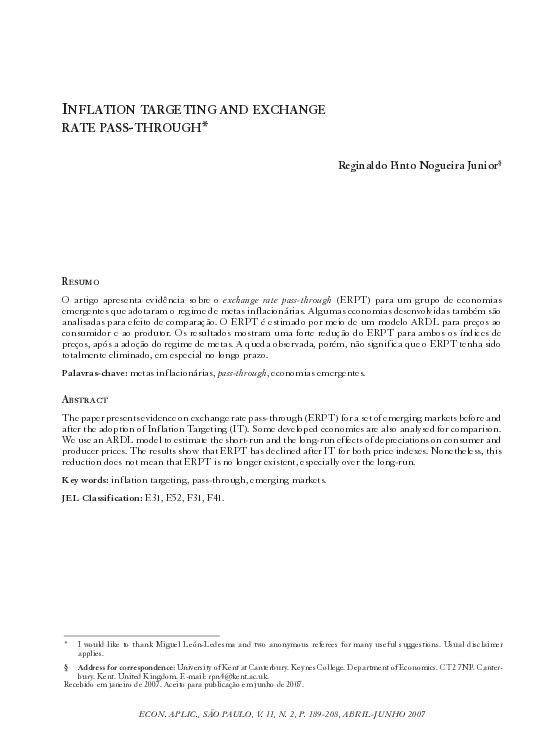 (PDF) Inflation Targeting and Exchange Rate Pass-Through: The Turkish ...