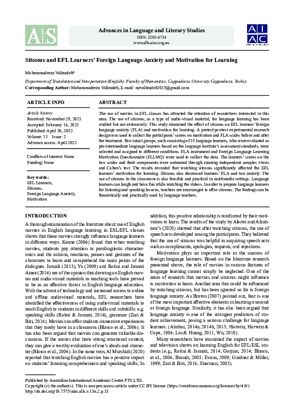 (PDF) Sitcoms and EFL Learners' Foreign Language Anxiety and Motivation ...