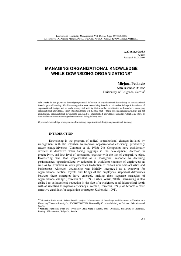 (PDF) Managing Organizational Knowledge While Downsizing Organizations∗