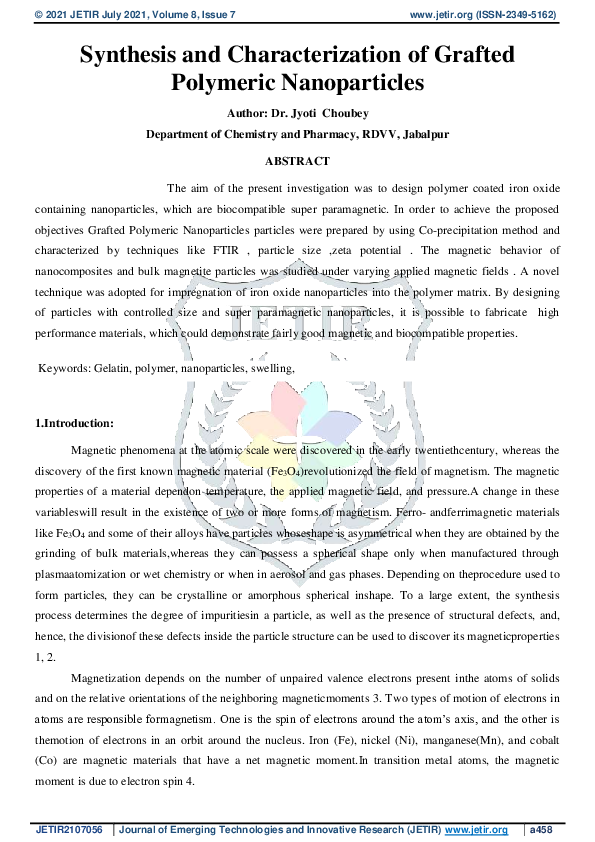 (PDF) Synthesis and Characterization of Grafted Polymeric Nanoparticles