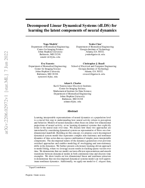 (PDF) Decomposed Linear Dynamical Systems (dLDS) for learning the ...
