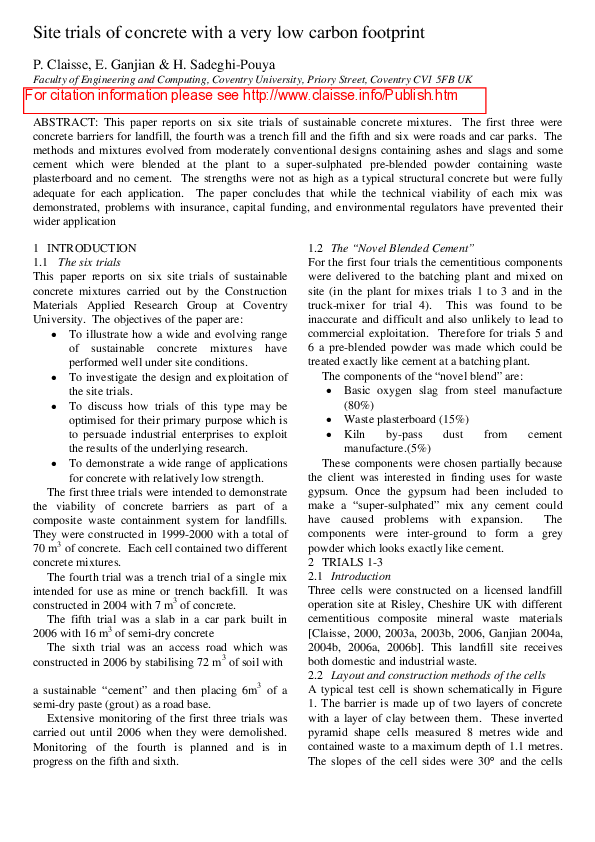 (PDF) Site trials of concrete with a very low carbon footprint
