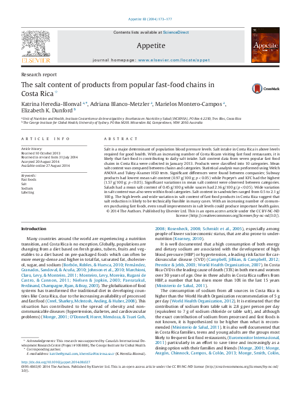(PDF) The salt content of products from popular fast-food chains in ...