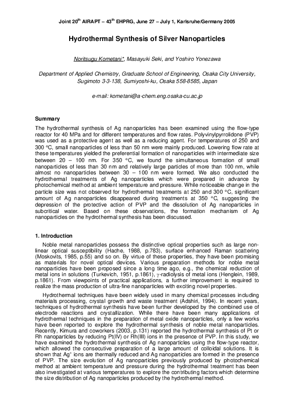 (PDF) Hydrothermal Synthesis of Silver Nanoparticles