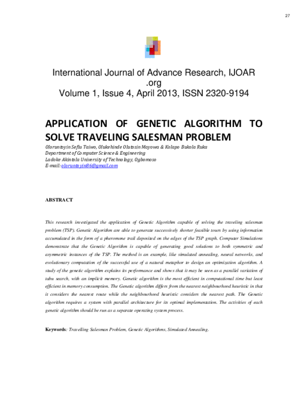 (PDF) Application Of Genetic Algorithm to Solve Traveling salesman problem