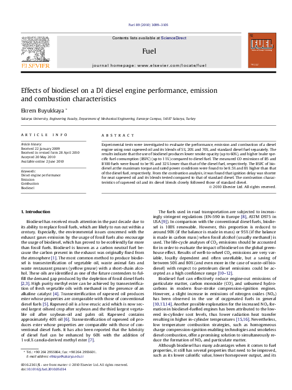 (PDF) Effects of biodiesel on a DI diesel engine performance, emission ...