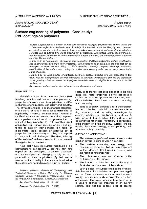 (PDF) Surface engineering of polymers Case study PVD coatings on