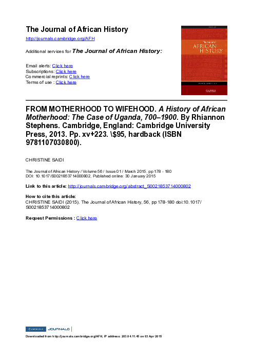 (PDF) FROM MOTHERHOOD TO WIFEHOOD. A History of African Motherhood: The Case of Uganda, 700–1900 ...