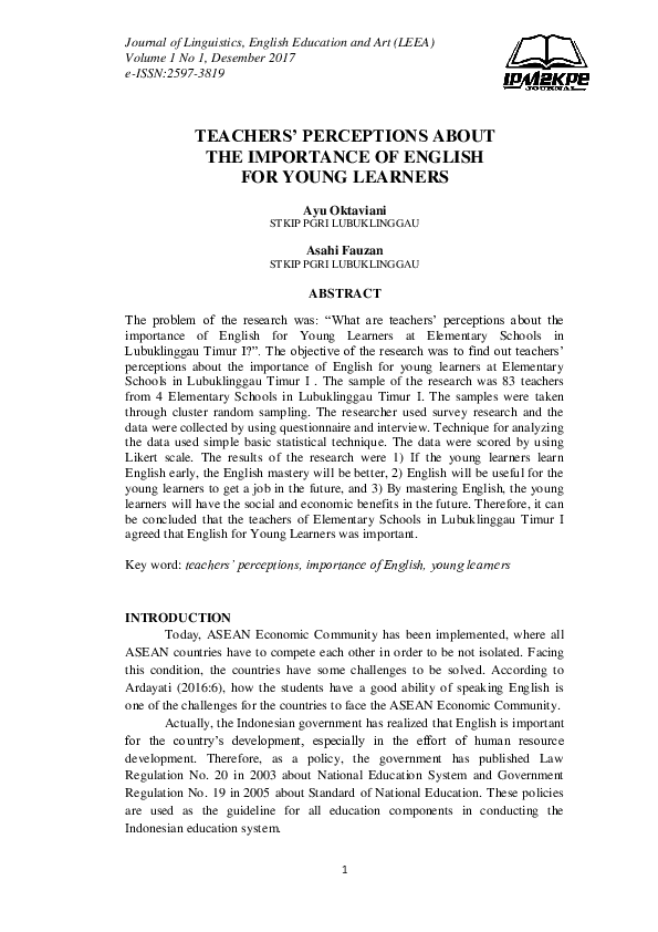 (PDF) Teachers Perceptions about the Importance of English for Young ...