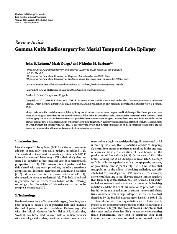 (PDF) Gamma knife radiosurgery for mesial temporal lobe epilepsy John D Rolston Academia.edu