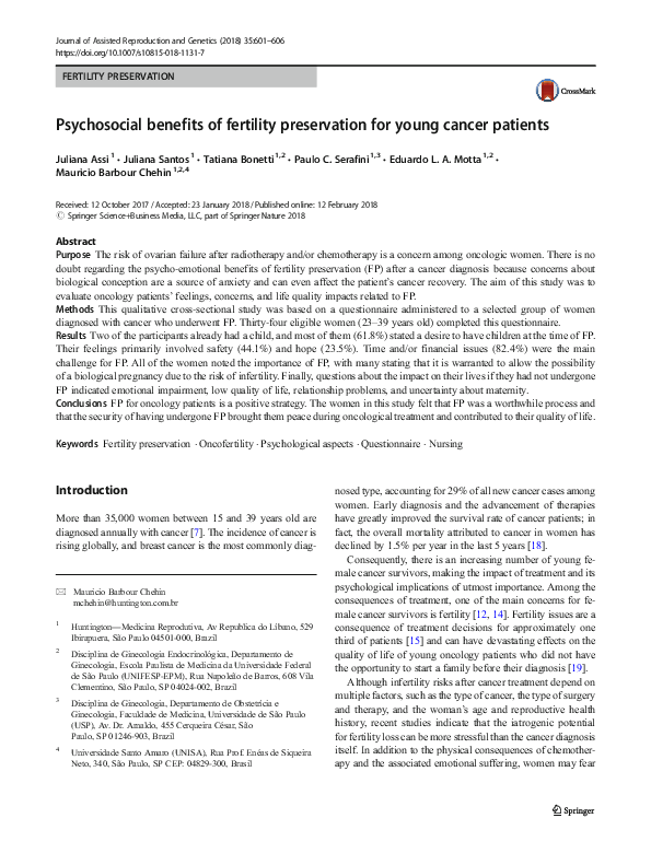 (PDF) Psychosocial benefits of fertility preservation for young cancer ...