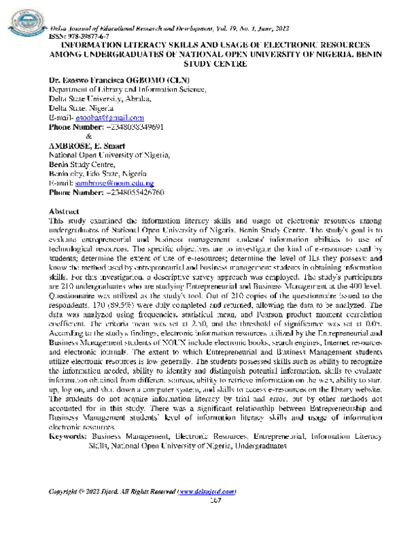(PDF) INFORMATION LITERACY SKILLS AND USAGE OF ELECTRONIC RESOURCES ...