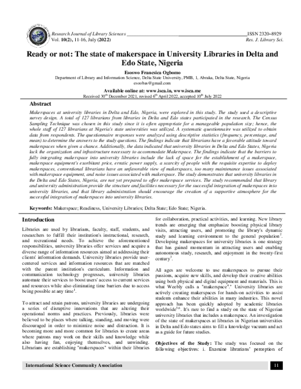(PDF) Ready or not: The state of makerspace in University Libraries in ...