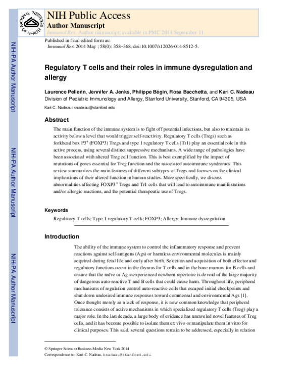 (PDF) Regulatory T cells and their roles in immune dysregulation and ...