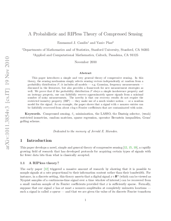 (PDF) A Probabilistic and RIPless Theory of Compressed Sensing