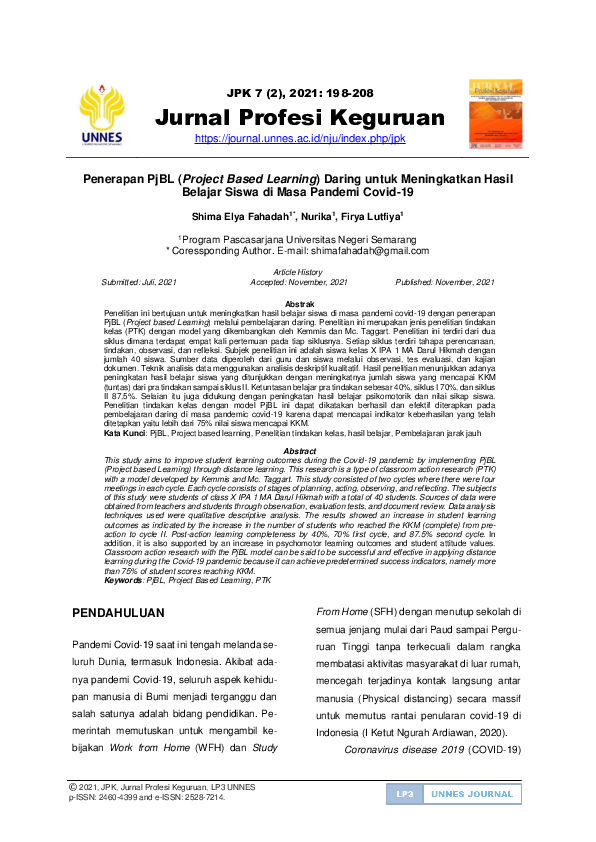 Pdf Penerapan Pjbl Project Based Learning Daring Untuk Meningkatkan