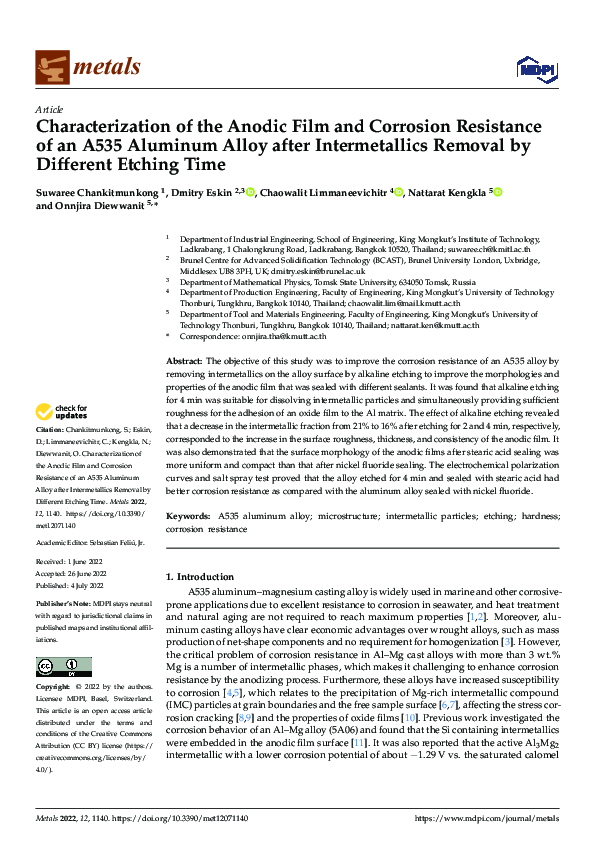 (PDF) Characterization of the Anodic Film and Corrosion Resistance of ...