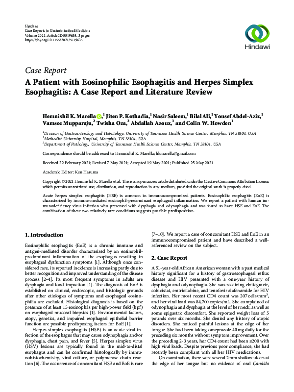 (PDF) A Patient with Eosinophilic Esophagitis and Herpes Simplex ...