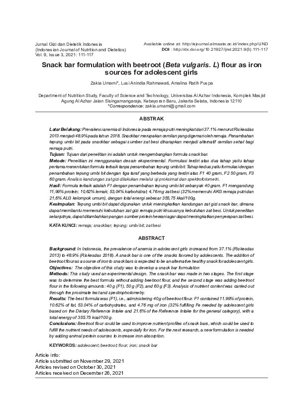 (PDF) Snack bar formulation with beetroot (Beta vulgaris. L) flour as ...