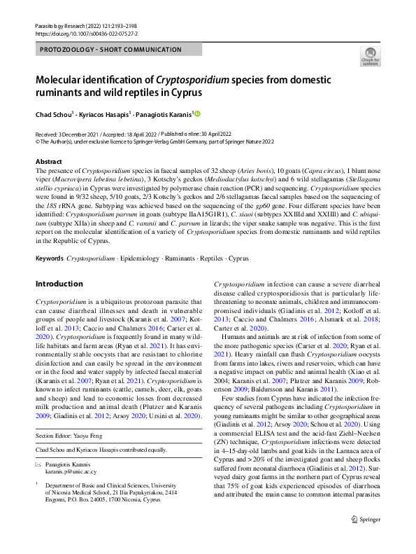 (PDF) Molecular identification of Cryptosporidium species from domestic ...