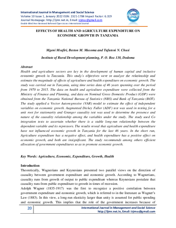 (PDF) EFFECTS OF HEALTH AND AGRICULTURE EXPENDITURE ON ECONOMIC GROWTH ...