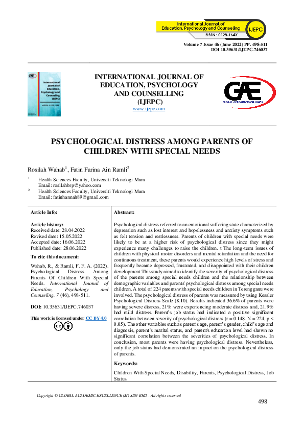 (PDF) Psychological Distress Among Parents of Children with Special Needs