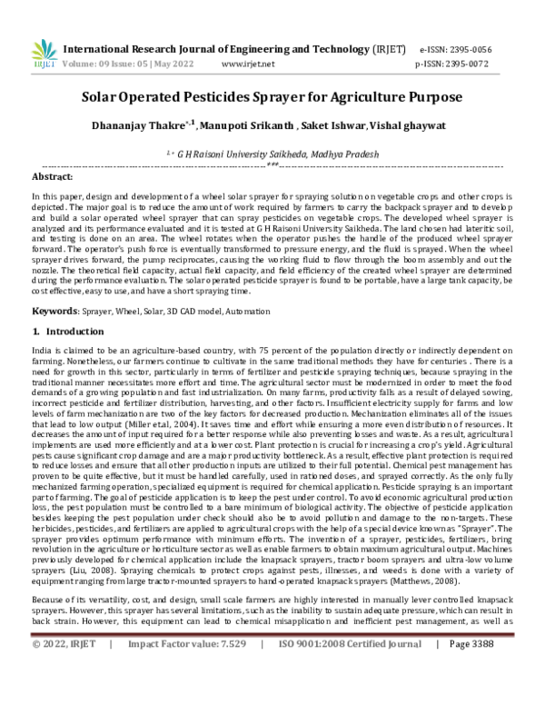 Pdf Solar Operated Pesticides Sprayer For Agriculture Purpose