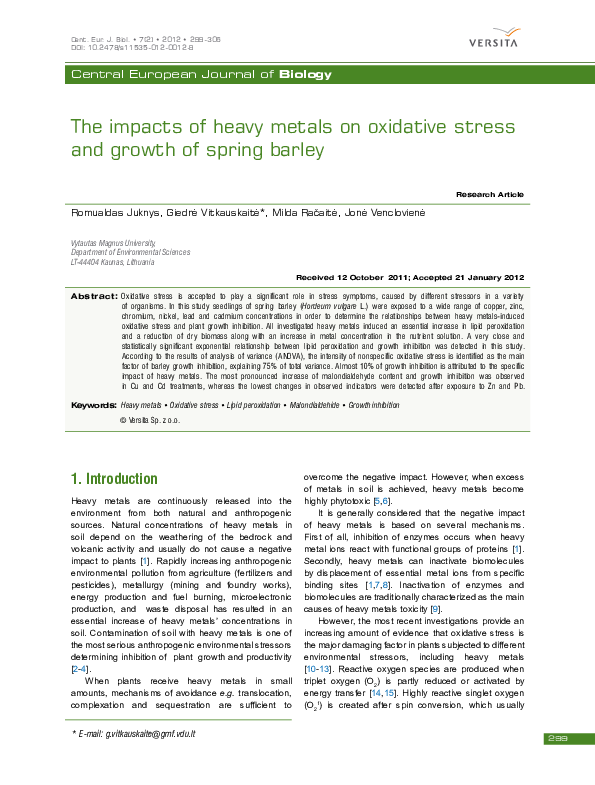 (PDF) The impacts of heavy metals on oxidative stress and growth of ...