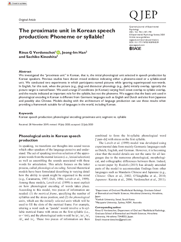 (PDF) The proximate unit in Korean speech production: Phoneme or syllable?