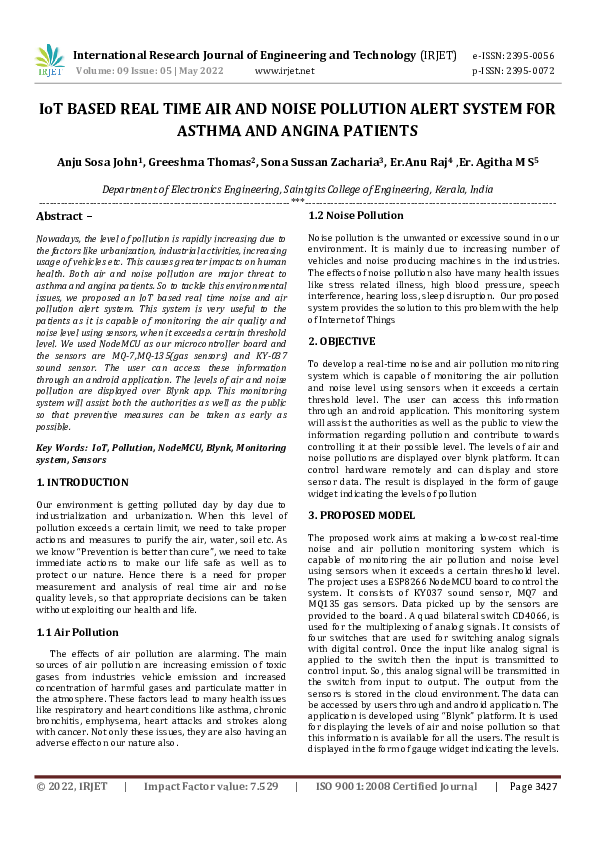 (PDF) IoT BASED REAL TIME AIR AND NOISE POLLUTION ALERT SYSTEM FOR ...