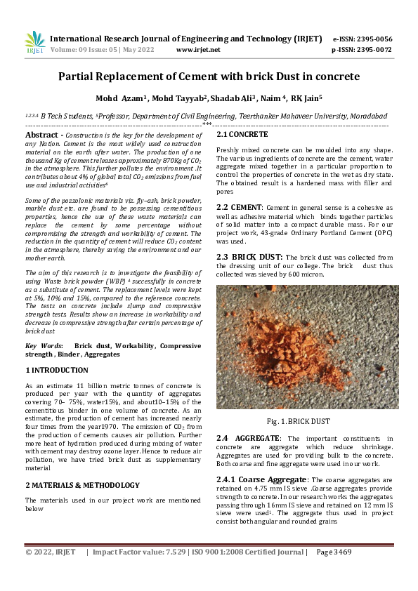 (PDF) Partial Replacement of Cement with brick Dust in concrete