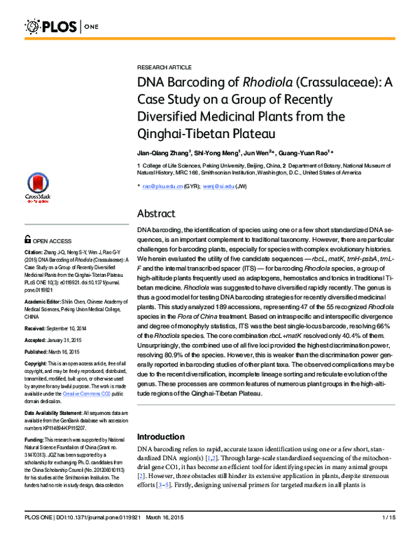 (PDF) DNA barcoding of rhodiola (crassulaceae): a case study on a group ...