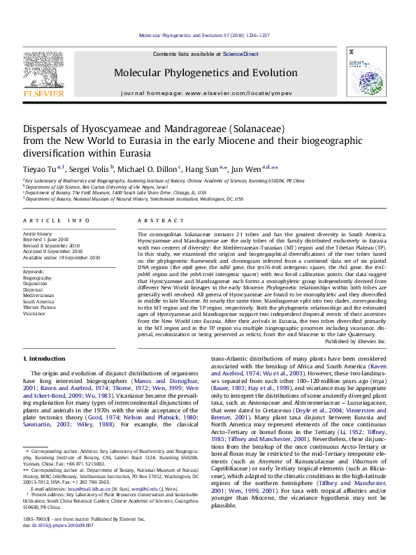 (PDF) Dispersals of Hyoscyameae and Mandragoreae (Solanaceae) from the ...