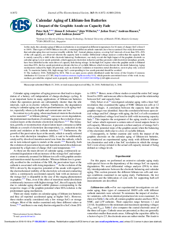 (PDF) Calendar Aging of Lithium Ion Batteries