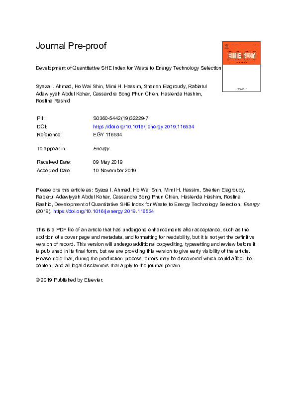 (PDF) Development of quantitative SHE index for waste to energy ...
