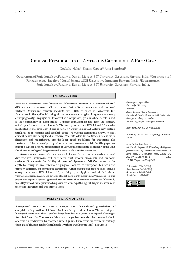 (PDF) Gingival Presentation of Verrucous Carcinoma- A Rare Case