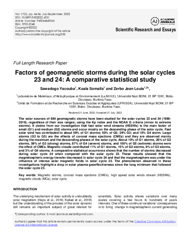 (PDF) Factors of geomagnetic storms during the solar cycles 23 and 24 ...