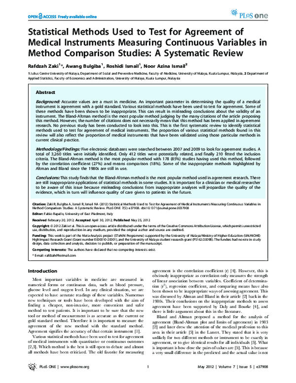 (PDF) Statistical Methods Used to Test for Agreement of Medical ...