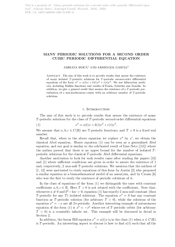 (PDF) Many periodic solutions for a second order cubic periodic ...