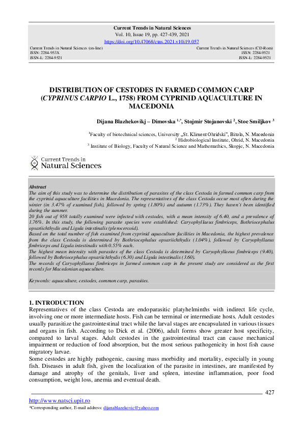 (PDF) Distribution of Cestodes in Farmed Common Carp (Cyprinus Carpio L ...