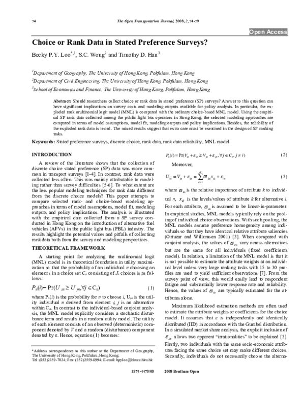 (PDF) Choice or Rank Data in Stated Preference Surveys?