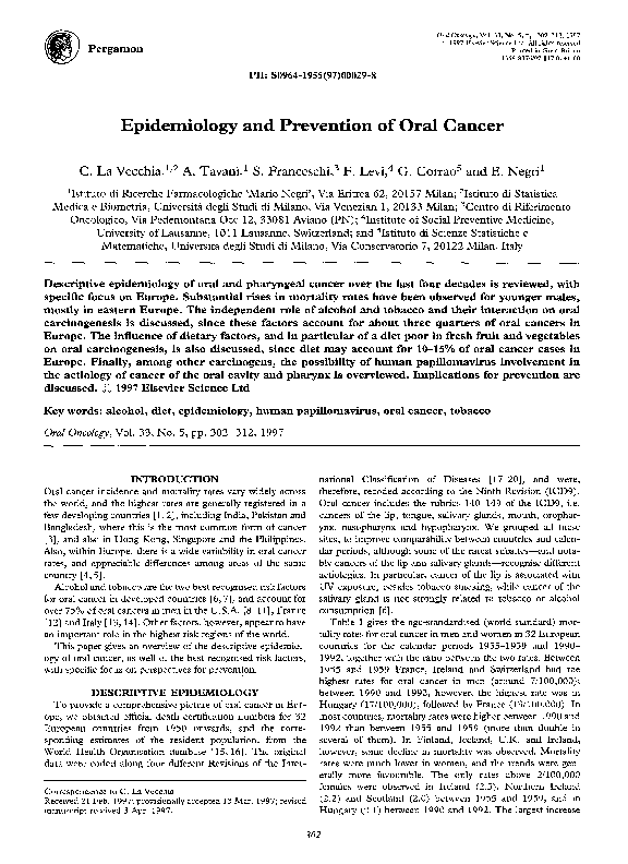 (PDF) Epidemiology and prevention of oral cancer