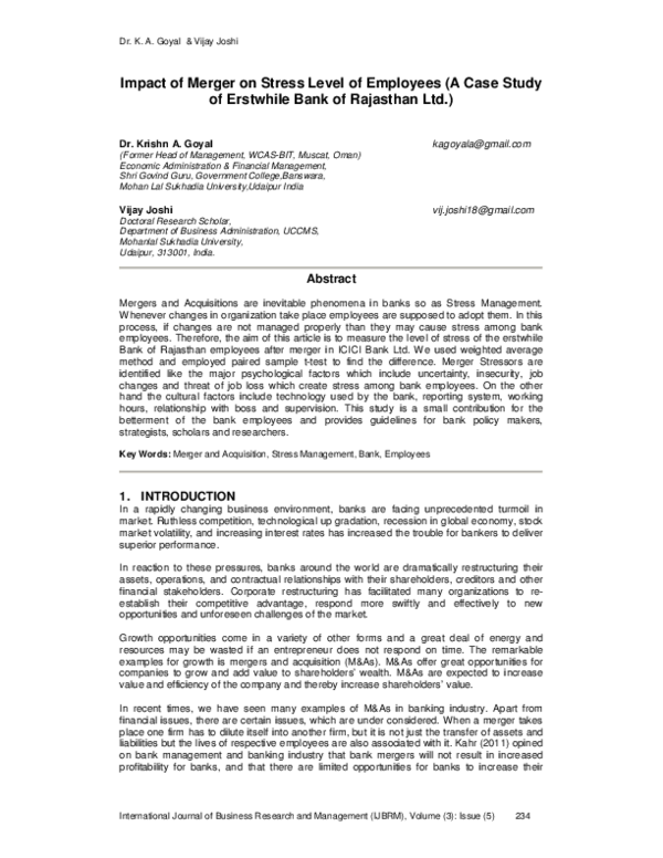 (PDF) Impact of Merger on Stress Level of Employees (A Case Study of ...