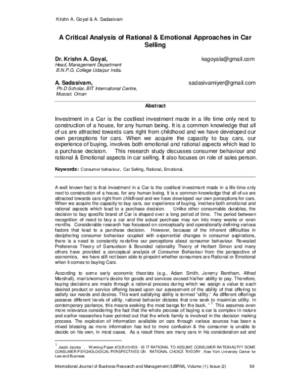 (PDF) A Critical Analysis of Rational & Emotional Approaches in Car Selling