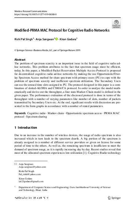 (PDF) Modified-PRMA MAC Protocol for Cognitive Radio Networks