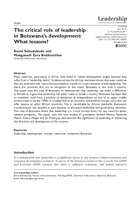 (PDF) The critical role of leadership in Botswana’s development: What ...