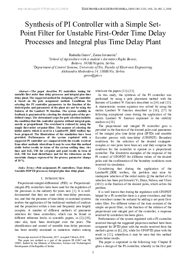(PDF) Synthesis of PI Controller with a Simple Set-Point Filter for ...