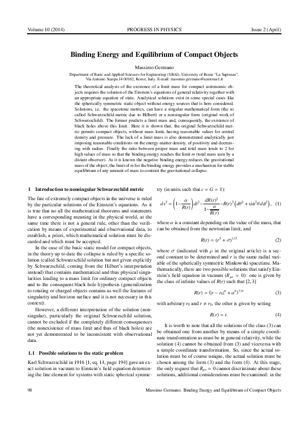 (PDF) Binding Energy and Equilibrium of Compact Objects