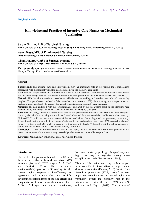 (PDF) Knowledge and Practices of Intensive Care Nurses on Mechanical ...