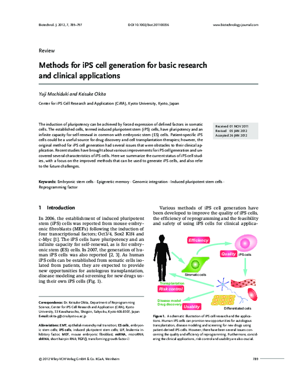 (PDF) Methods for iPS cell generation for basic research and clinical ...